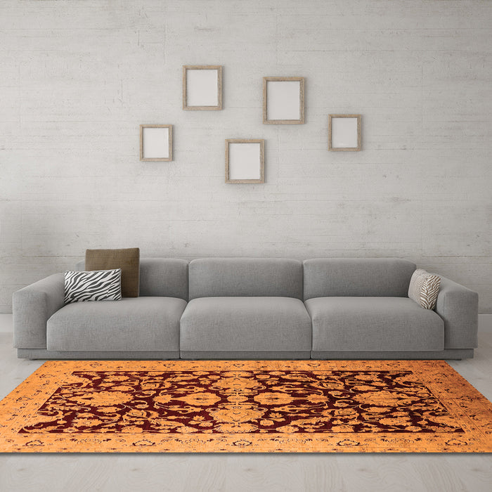 Machine Washable Oriental Orange Traditional Area Rugs in a Living Room, wshurb2854org