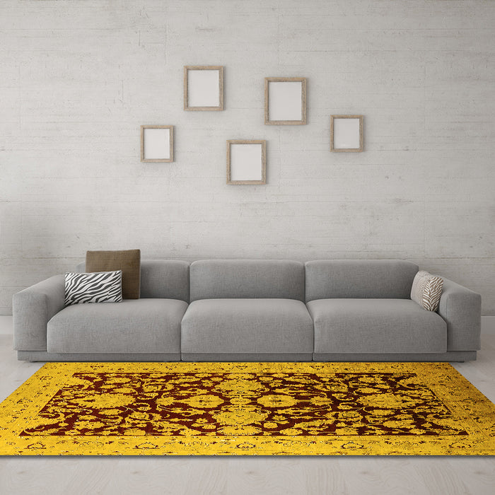 Machine Washable Oriental Yellow Traditional Rug in a Living Room, wshurb2854yw