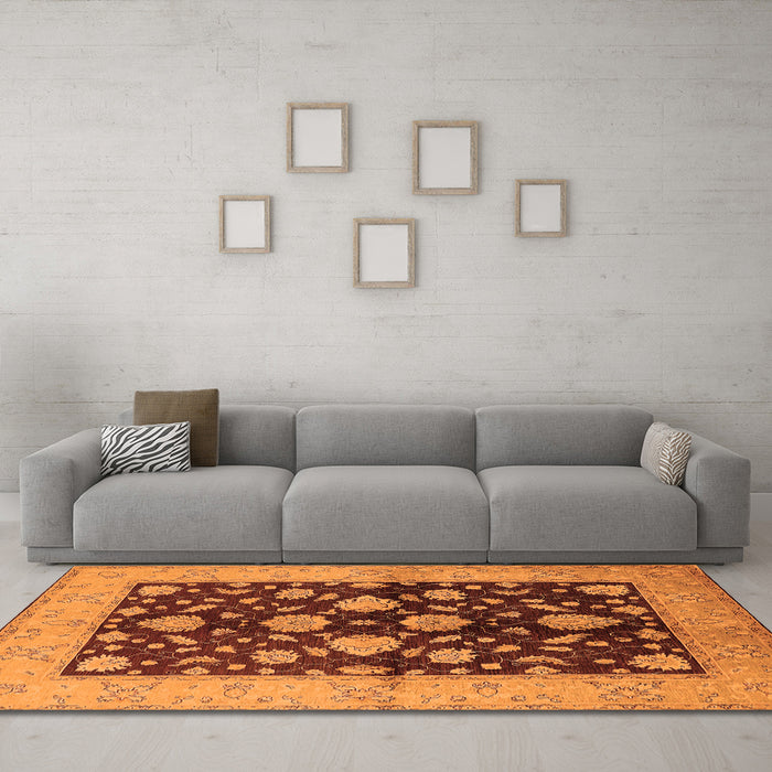 Machine Washable Oriental Orange Traditional Area Rugs in a Living Room, wshurb2855org