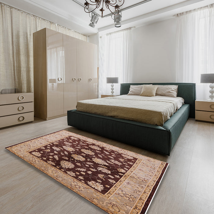 Mid-Century Modern Red Brown Oriental Rug in a Bedroom, urb2855
