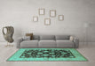 Machine Washable Oriental Turquoise Traditional Area Rugs in a Living Room,, wshurb2855turq