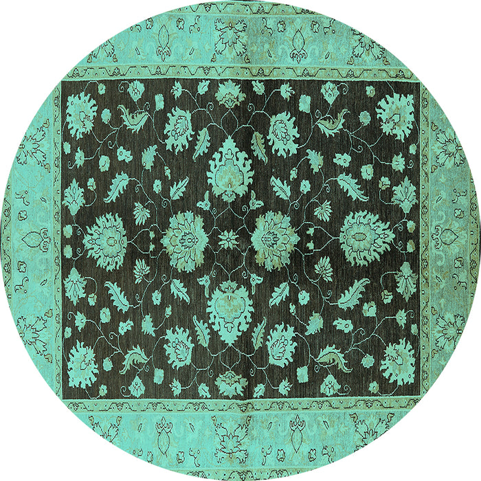Round Machine Washable Oriental Turquoise Traditional Area Rugs, wshurb2855turq