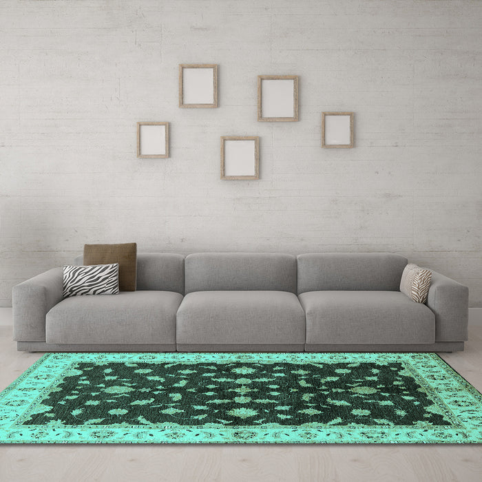 Machine Washable Oriental Turquoise Traditional Area Rugs in a Living Room,, wshurb2856turq