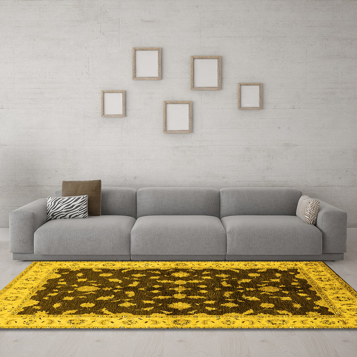 Machine Washable Oriental Yellow Traditional Rug in a Living Room, wshurb2856yw