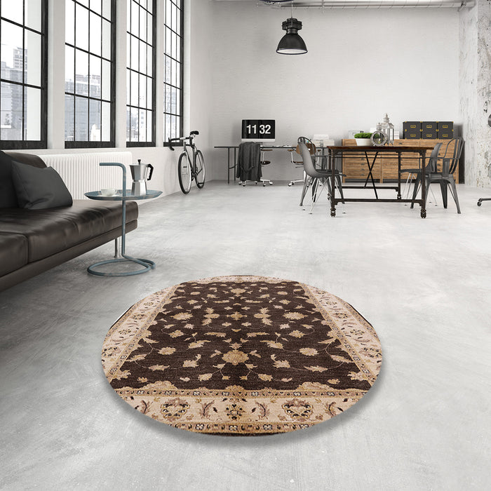 Round Mid-Century Modern Bakers Brown Oriental Rug in a Office, urb2856