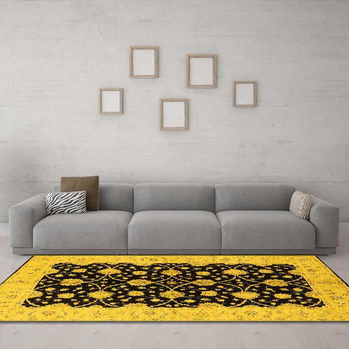 Machine Washable Oriental Yellow Traditional Rug in a Living Room, wshurb2857yw