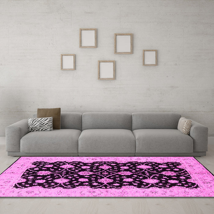 Machine Washable Oriental Pink Traditional Rug in a Living Room, wshurb2857pnk