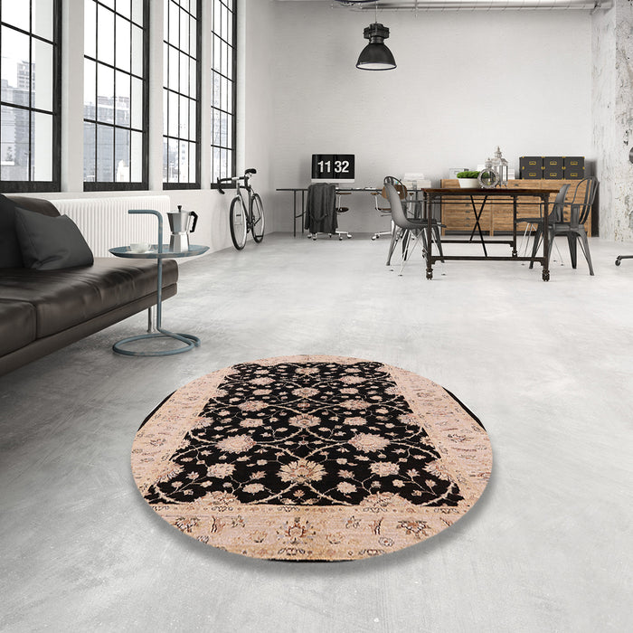 Round Mid-Century Modern Burgundy Brown Oriental Rug in a Office, urb2857