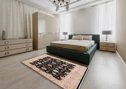 Mid-Century Modern Burgundy Brown Oriental Rug in a Bedroom, urb2857