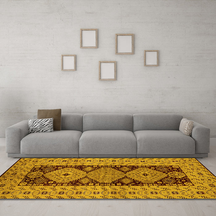 Machine Washable Oriental Yellow Traditional Rug in a Living Room, wshurb2860yw