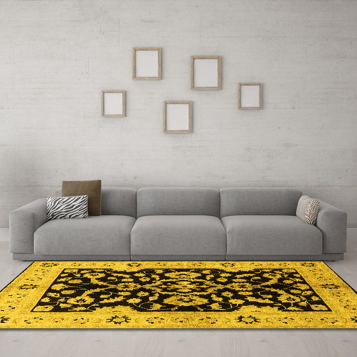 Machine Washable Oriental Yellow Traditional Rug in a Living Room, wshurb2861yw