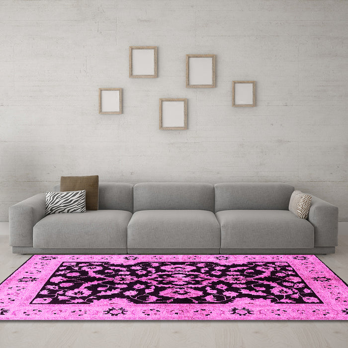 Machine Washable Oriental Pink Traditional Rug in a Living Room, wshurb2861pnk