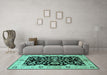 Machine Washable Oriental Turquoise Traditional Area Rugs in a Living Room,, wshurb2861turq