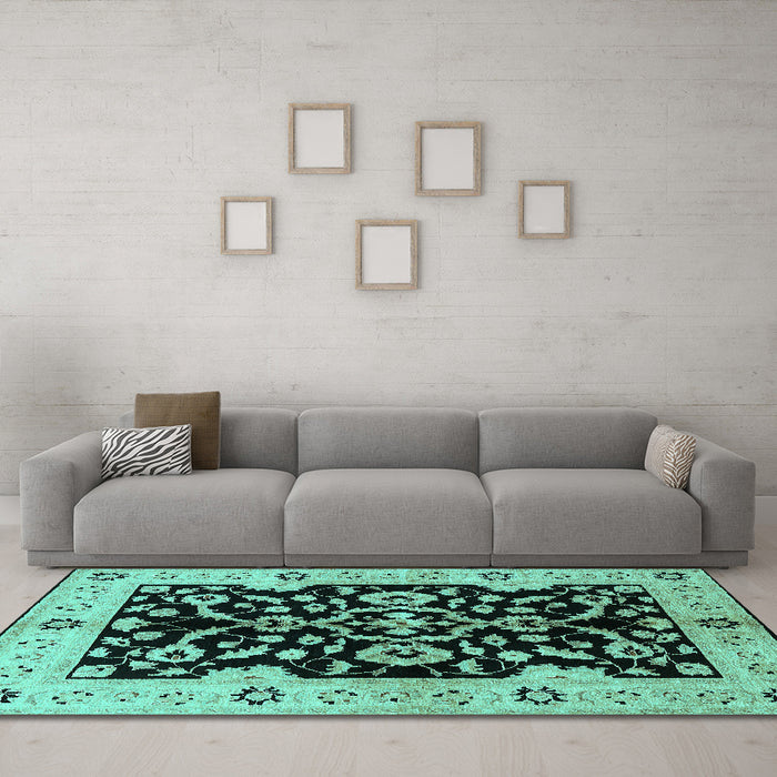Machine Washable Oriental Turquoise Traditional Area Rugs in a Living Room,, wshurb2861turq