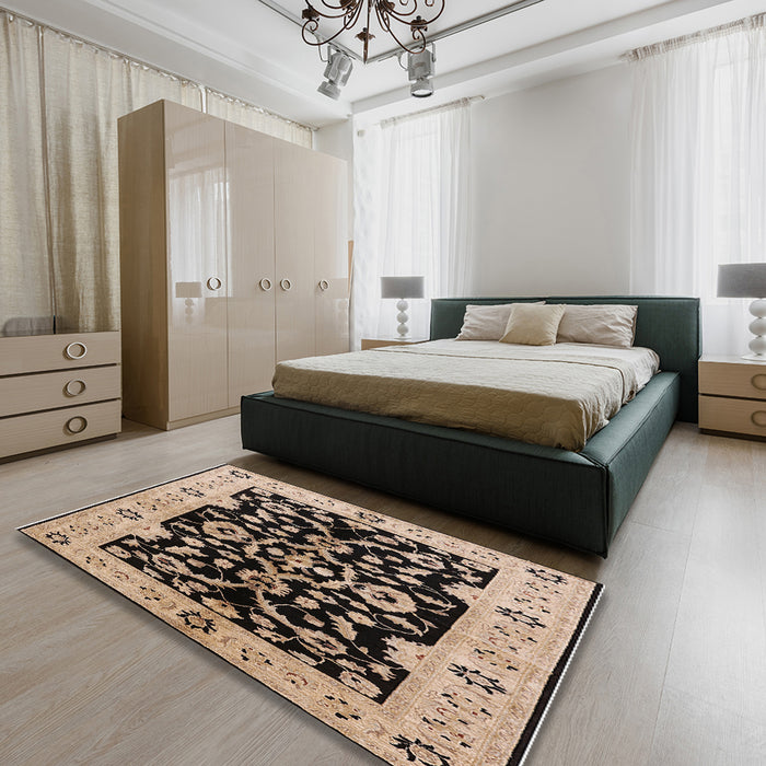 Mid-Century Modern Bakers Brown Oriental Rug in a Bedroom, urb2861