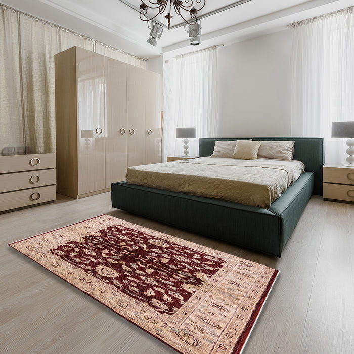 Mid-Century Modern Pastel Orange Oriental Rug in a Bedroom, urb2863