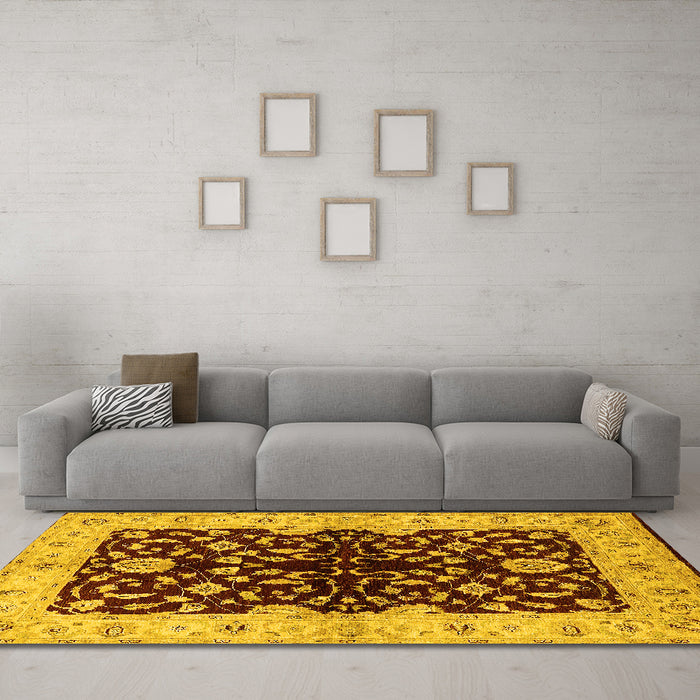 Machine Washable Oriental Yellow Industrial Rug in a Living Room, wshurb2863yw