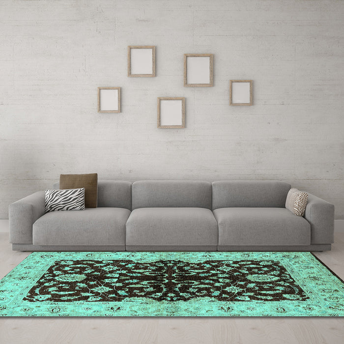 Machine Washable Oriental Turquoise Industrial Area Rugs in a Living Room,, wshurb2863turq