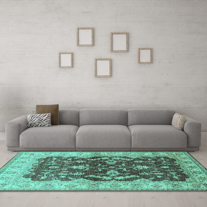 Machine Washable Oriental Turquoise Industrial Area Rugs in a Living Room,, wshurb2864turq
