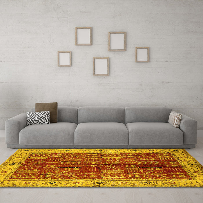 Machine Washable Oriental Yellow Industrial Rug in a Living Room, wshurb2869yw