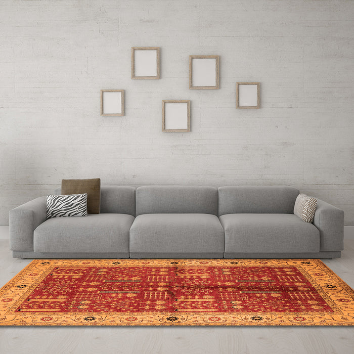 Machine Washable Oriental Orange Industrial Area Rugs in a Living Room, wshurb2869org