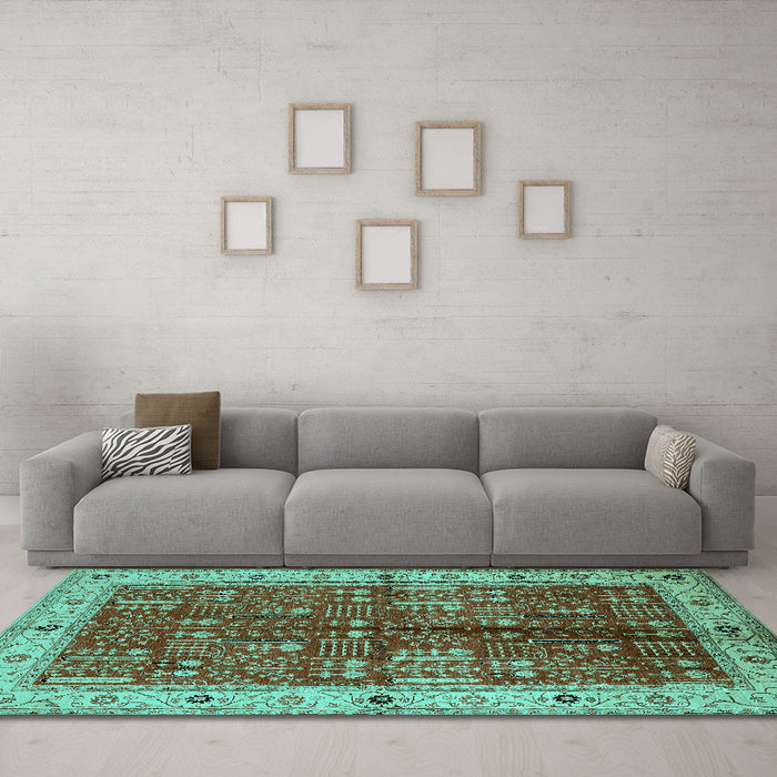 Machine Washable Oriental Turquoise Industrial Area Rugs in a Living Room,, wshurb2869turq