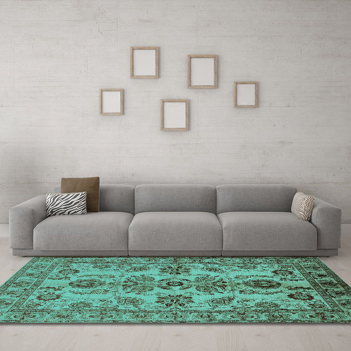Machine Washable Oriental Turquoise Industrial Area Rugs in a Living Room,, wshurb2870turq