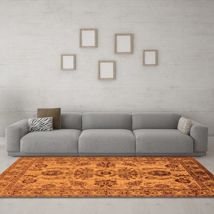 Machine Washable Oriental Orange Industrial Area Rugs in a Living Room, wshurb2870org