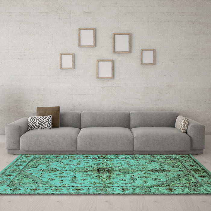Machine Washable Oriental Turquoise Industrial Area Rugs in a Living Room,, wshurb2871turq
