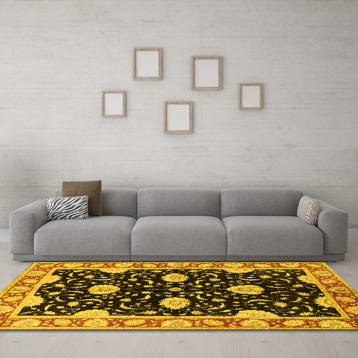 Machine Washable Oriental Yellow Industrial Rug in a Living Room, wshurb2872yw