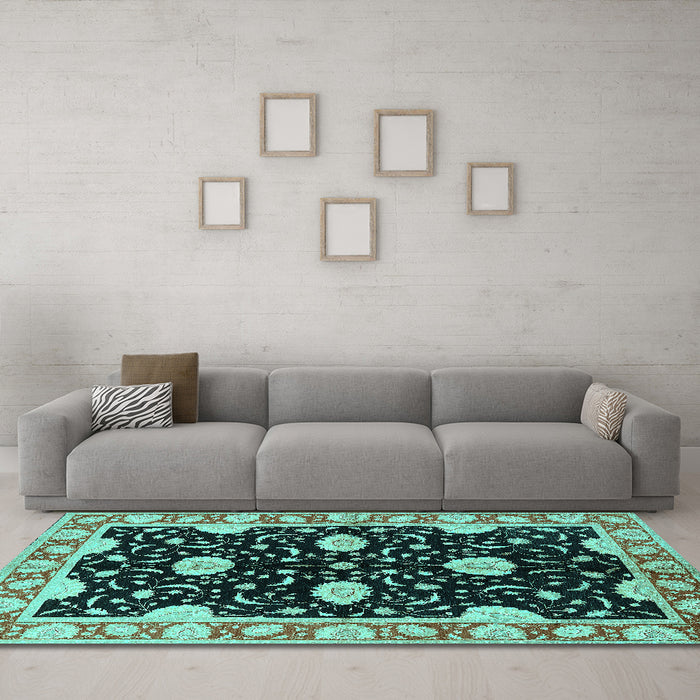 Machine Washable Oriental Turquoise Industrial Area Rugs in a Living Room,, wshurb2872turq