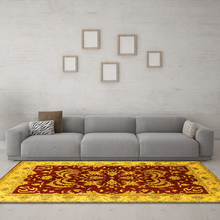 Machine Washable Oriental Yellow Industrial Rug in a Living Room, wshurb2873yw