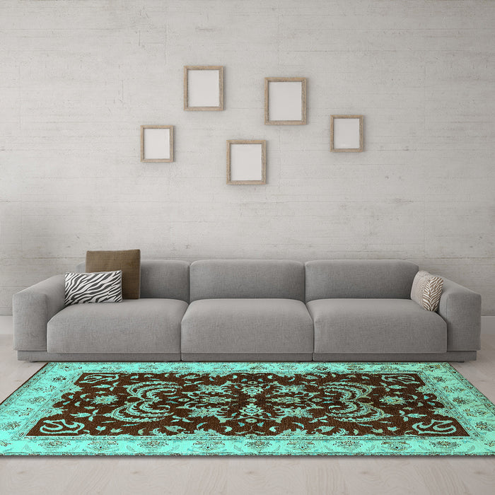 Machine Washable Oriental Turquoise Industrial Area Rugs in a Living Room,, wshurb2873turq