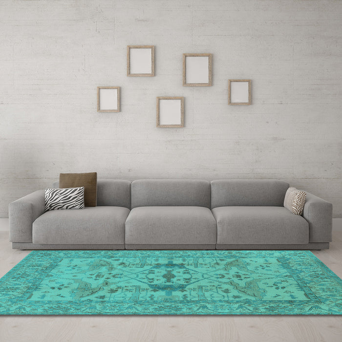 Machine Washable Oriental Turquoise Industrial Area Rugs in a Living Room,, wshurb2876turq