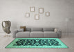 Machine Washable Oriental Turquoise Traditional Area Rugs in a Living Room,, wshurb2878turq