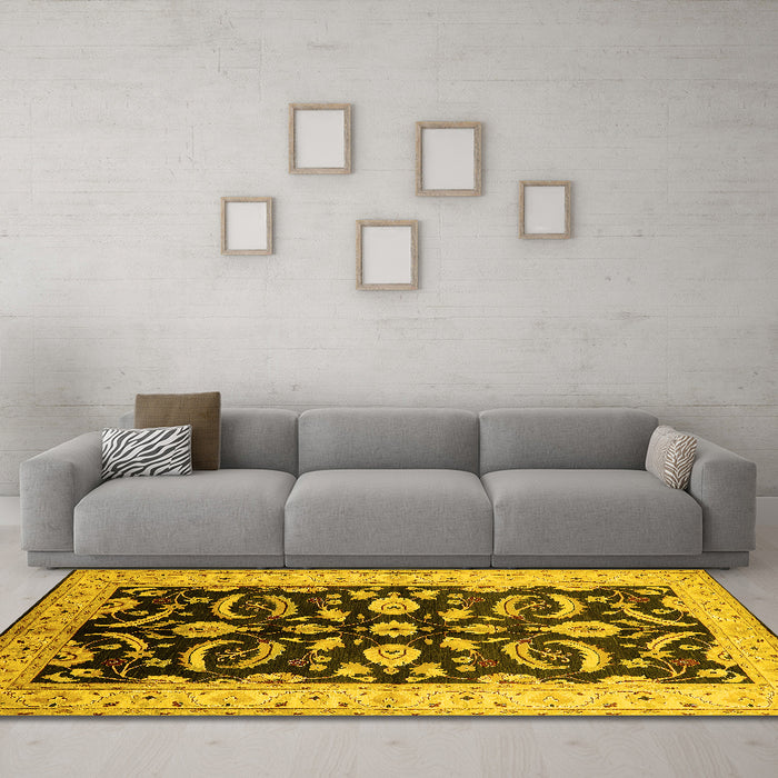 Machine Washable Oriental Yellow Traditional Rug in a Living Room, wshurb2878yw