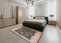 Mid-Century Modern Brown Oriental Rug in a Bedroom, urb2878