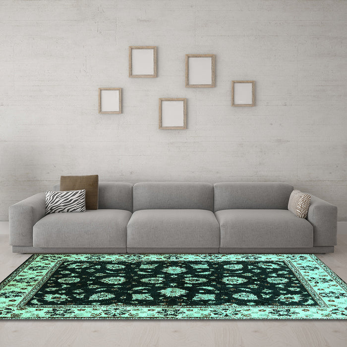 Machine Washable Oriental Turquoise Traditional Area Rugs in a Living Room,, wshurb2880turq