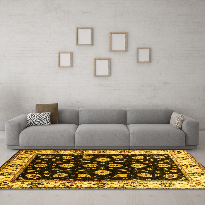 Machine Washable Oriental Yellow Traditional Rug in a Living Room, wshurb2880yw