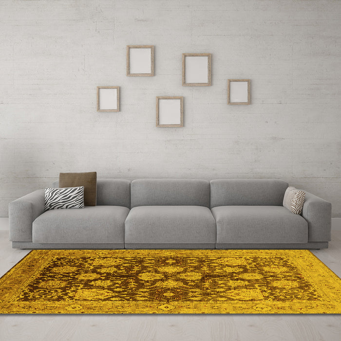 Machine Washable Oriental Yellow Traditional Rug in a Living Room, wshurb2883yw