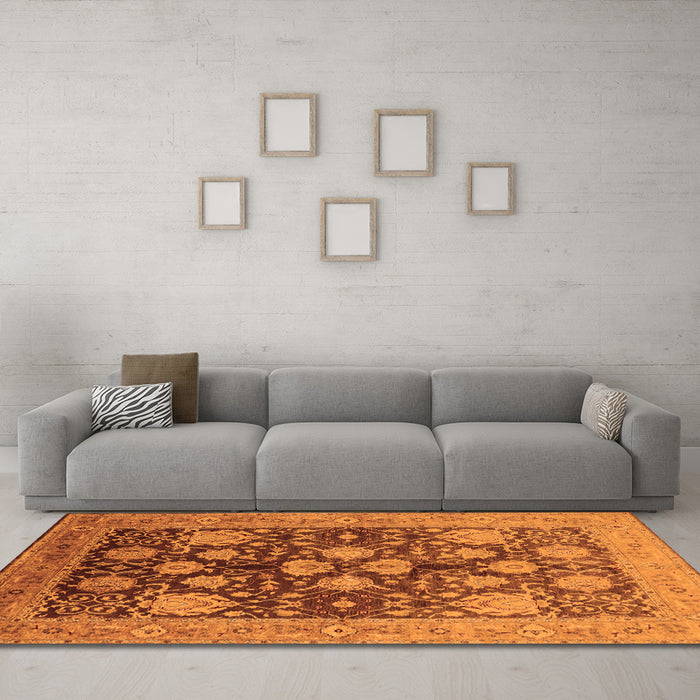 Machine Washable Oriental Orange Traditional Area Rugs in a Living Room, wshurb2883org