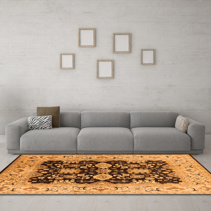 Machine Washable Oriental Orange Traditional Area Rugs in a Living Room, wshurb2885org