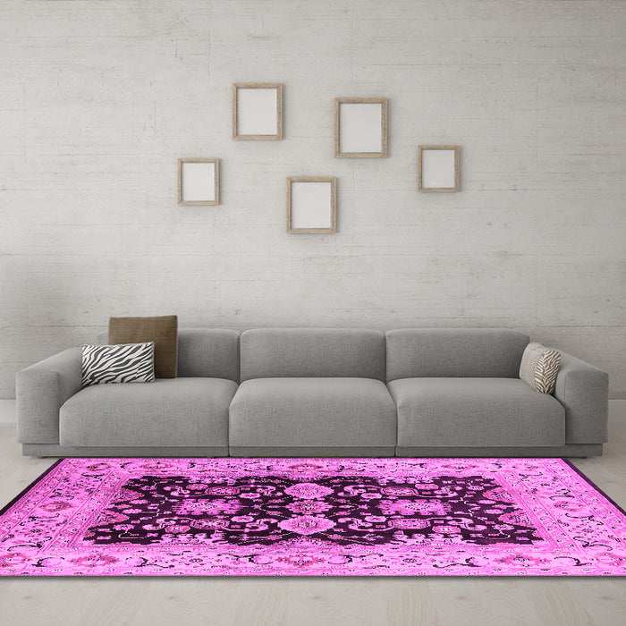 Machine Washable Oriental Pink Traditional Rug in a Living Room, wshurb2885pnk