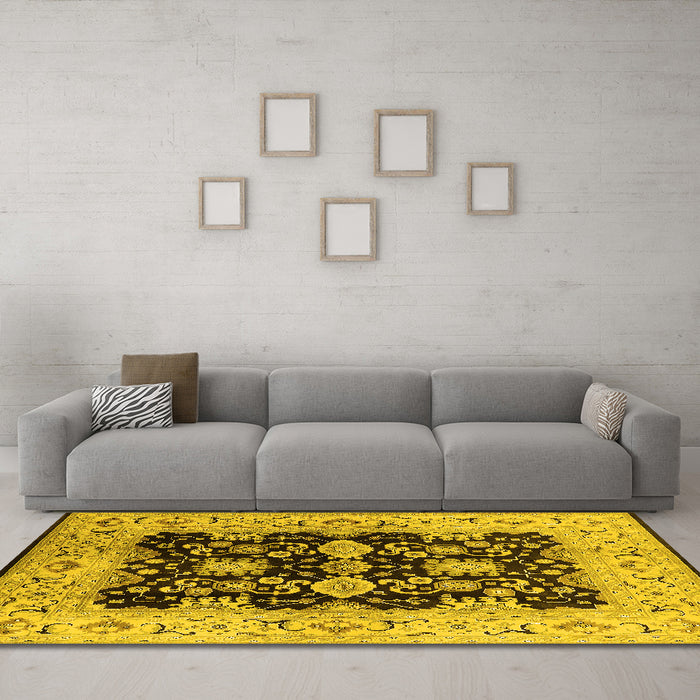 Machine Washable Oriental Yellow Traditional Rug in a Living Room, wshurb2885yw