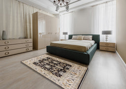 Mid-Century Modern Dark Brown Oriental Rug in a Bedroom, urb2885