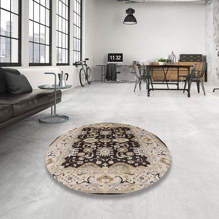 Round Mid-Century Modern Dark Brown Oriental Rug in a Office, urb2885