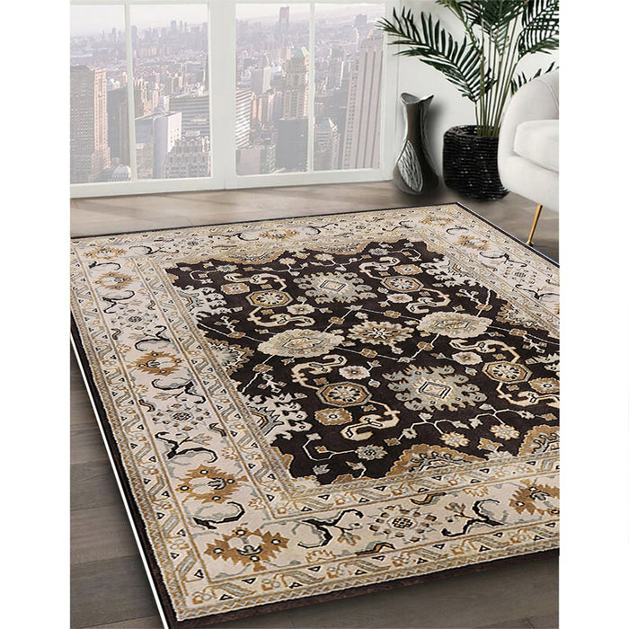 Mid-Century Modern Dark Brown Oriental Rug in Family Room, urb2885