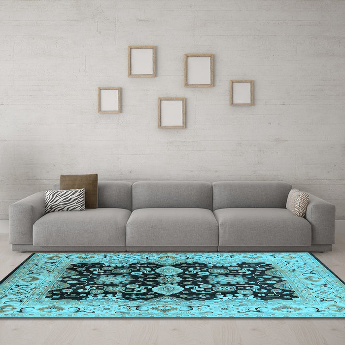 Machine Washable Oriental Light Blue Traditional Rug in a Living Room, wshurb2885lblu