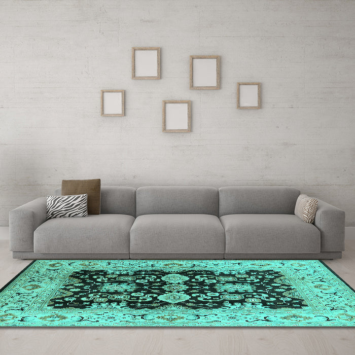 Machine Washable Oriental Turquoise Traditional Area Rugs in a Living Room,, wshurb2885turq