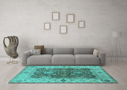 Machine Washable Oriental Turquoise Traditional Area Rugs in a Living Room,, wshurb2886turq